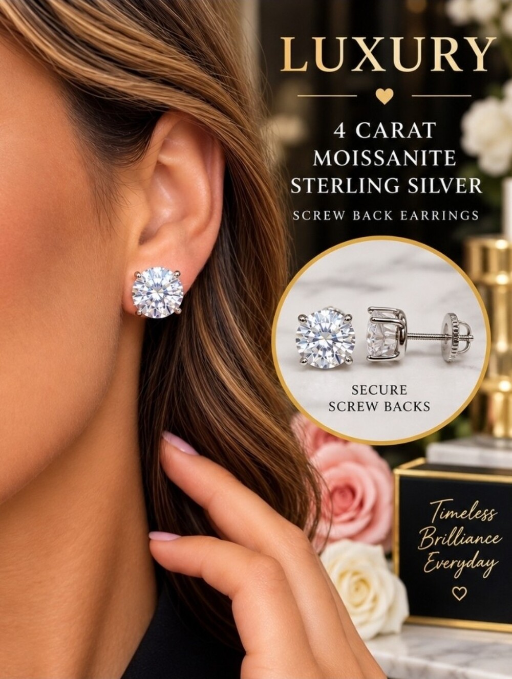 4 Carat Moissanite Sterling Silver Screw Back Stud Earrings $600 Value
